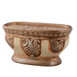 Кашпо в античном стиле керамика чаша с листьями овал 21,5х40х18см вн. 19х36х14см бежево-золотистое оптом