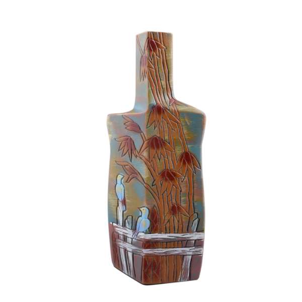 Ваза кераміка пляшка гранована бамбук птиці 31 см блакитна з коричневим оптом