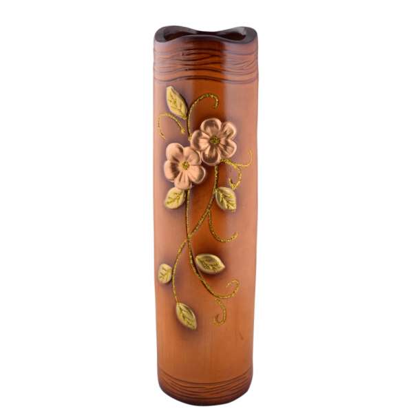 Ваза для підлоги кераміка з золотистою квіткою хвилястим верхом бочонок 50 см коричнево-руда оптом