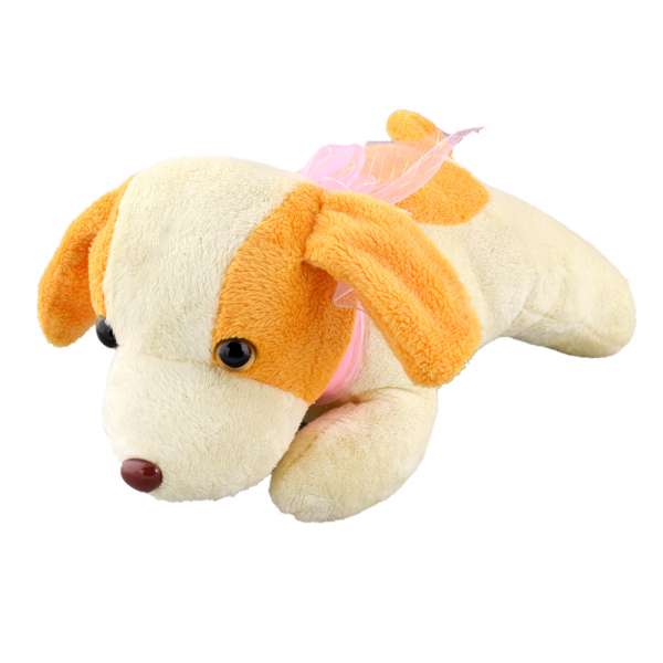 Мягкая игрушка собачка с розовым бантиком высота 12 см молочная с желтыми ушками оптом