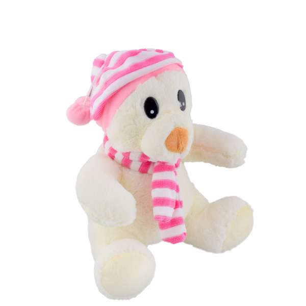 М'яка іграшка ведмедик у смугастій рожевої шапці з шарфиком 25 см білий оптом