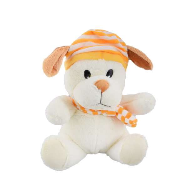 М'яка іграшка собачка в смугастій жовтої шапці з шарфиком 25 см молочна оптом