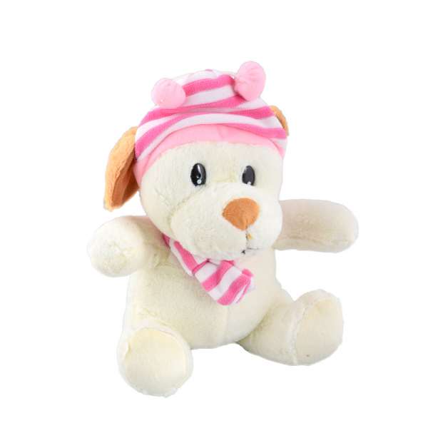 М'яка іграшка собачка в смугастій рожевої шапці з шарфиком 25 см молочна оптом