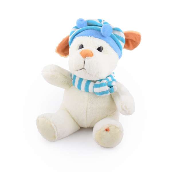 Мягкая игрушка собачка в полосатой голубой шапке с шарфиком 25 см молочная оптом