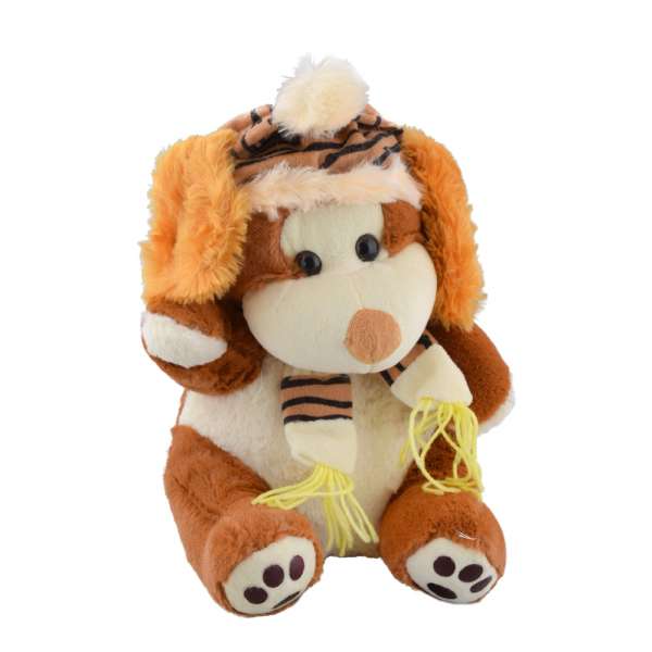 Мягкая игрушка собачка в шапке с шарфиком 30 см коричневая с белой мордочкой оптом