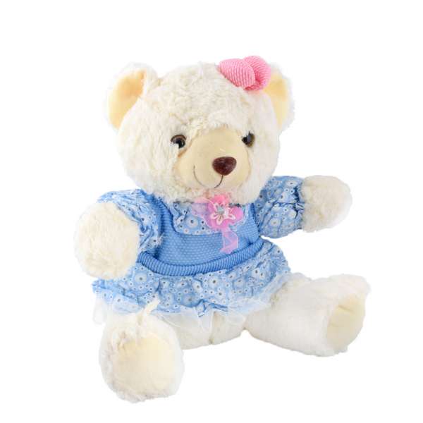 М'яка іграшка ведмедик в блакитній сукні 32 см білий оптом