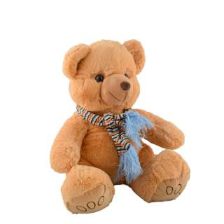 М'яка іграшка ведмедик в смугастому блакитному шарфику 40 см бежевий оптом