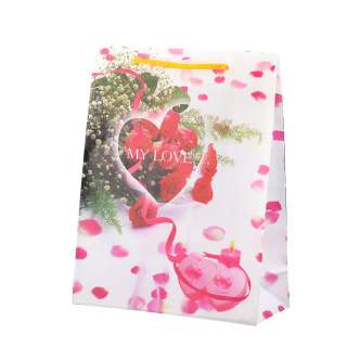 Пакет подарочный 23х18х7,5 см с сердечками розовыми MY LOVE белый оптом