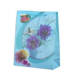Пакет подарунковий 23х18х7,5 см з квітами фіолетовими бірюзовий оптом