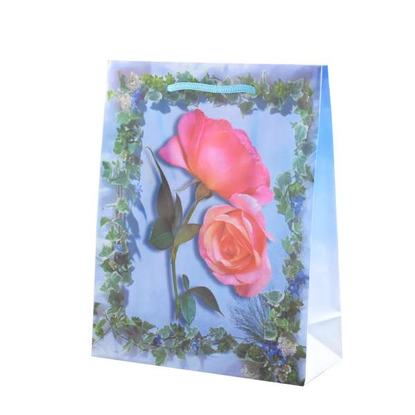 Пакет подарунковий 23х18х7,5 см з трояндами блакитний оптом