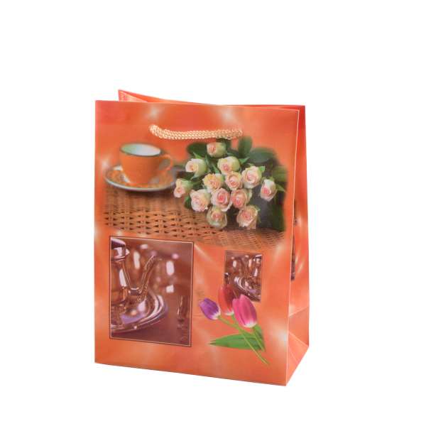 Пакет подарочный 16х12х6 см с чашкой и розами оранжевый оптом