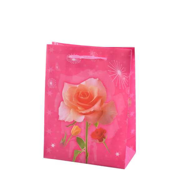 Пакет подарунковий 16х12х6 см з трояндою рожевий оптом