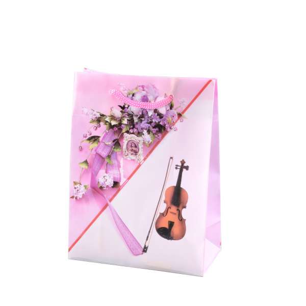 Пакет подарунковий 16х12х6 см з букетом і скрипкою рожевий оптом
