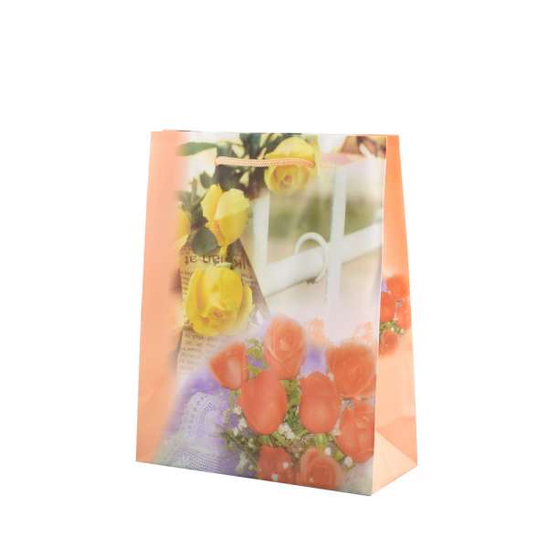 Пакет подарунковий 16х12х6 см з трояндами і парканом персиковий оптом