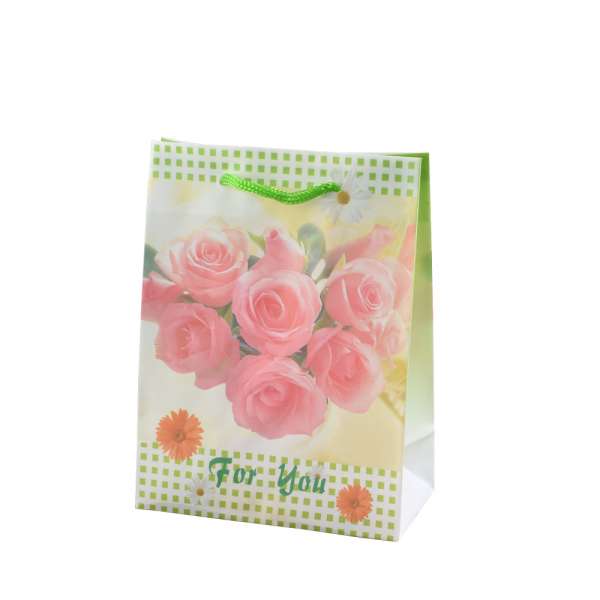Пакет подарунковий 16х12х6 см в клітинку зелену з трояндами білий оптом
