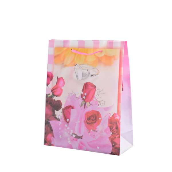 Пакет подарочный 16х12х6 см в полоску с кольцом и розами бело-розовый оптом