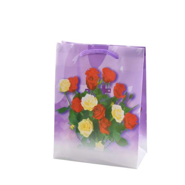 Пакет подарунковий 16х12х6 см з трояндами червоно-жовтими фіолетовий оптом