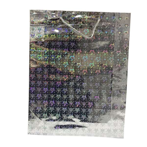 Пакет подарочный голограмма 29х37 см сердечки серебристый оптом