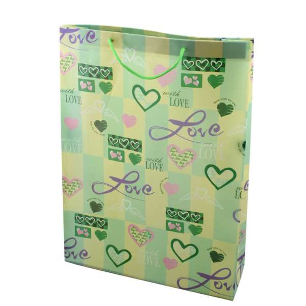 Пакет подарочный 45х33 см Love с сердцами салатовый оптом