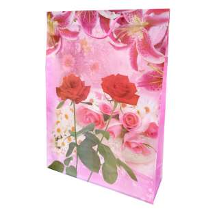 Пакет подарунковий 45х33 см з трояндами ромашками ліліями рожевий оптом