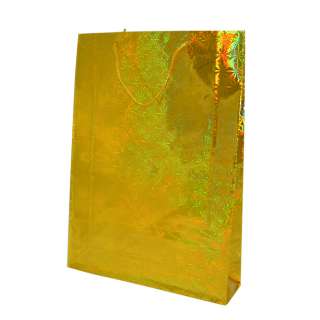 Пакет подарочный голограмма 32х45 см снежинки желтый оптом