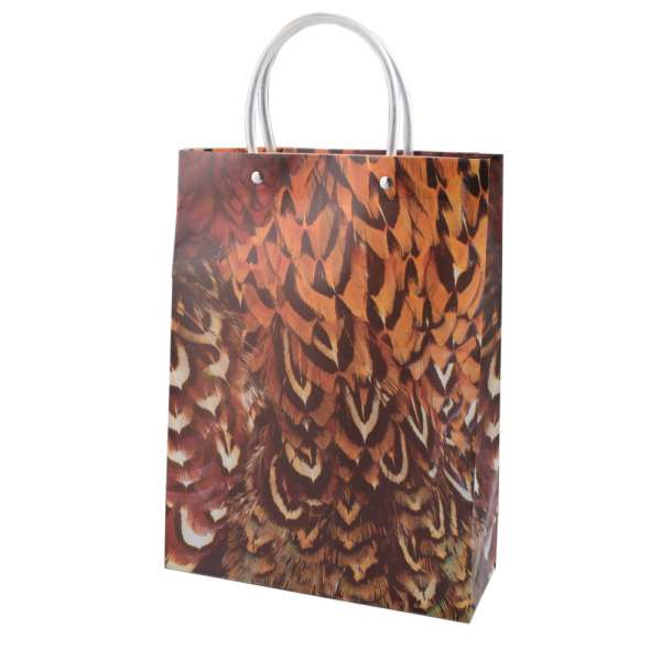 Пакет подарочный трубчатая ручка 24х32 см текстура перья рыжие оптом