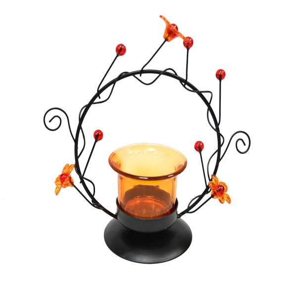 Подсвечник на 1 свечу стакан оранжевый с цветами в круге 15,5 см металл черный оптом