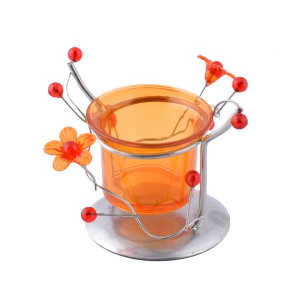 Подсвечник на 1 свечу стакан оранжевый с цветами с цветами 8х10х9 см металл серебристый оптом