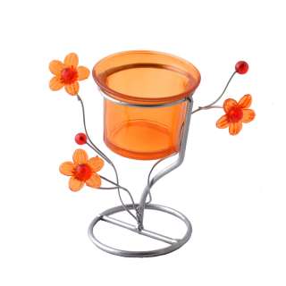 Подсвечник на 1 свечу стакан оранжевый на ножке с цветами 11х12х7 см металл серебристый оптом