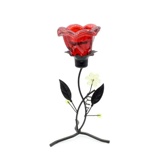 Подсвечник на 1 свечу колокольчик красный на ножке с листьями 20х9х9 см металл черный оптом