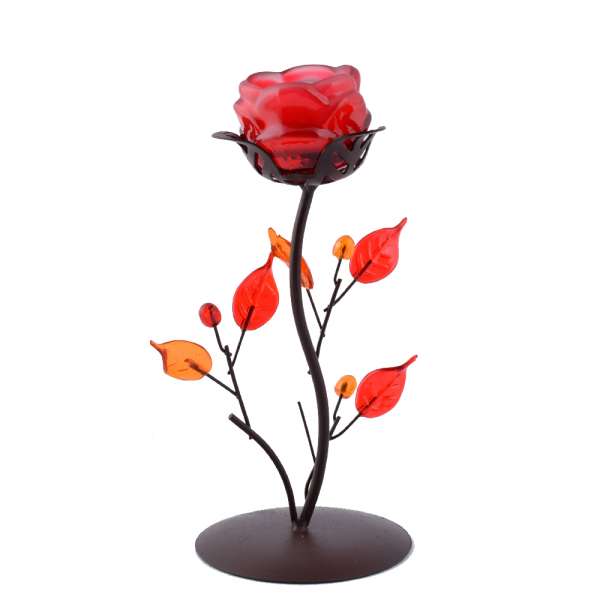 Подсвечник роза красная с листьями на 1 свечу 21х9х9 см металл коричневый оптом