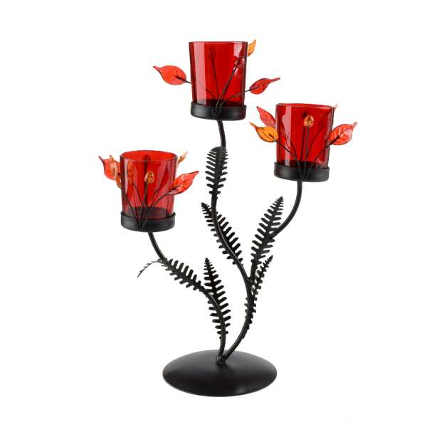 Подсвечник стакан красный с листьями на 3 свечи 32х22х11 см металл черный оптом