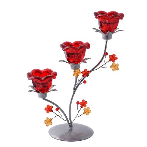 Підсвічник на 3 свічки 29х23х11 см метал сріблястий з квіткою червоним оптом