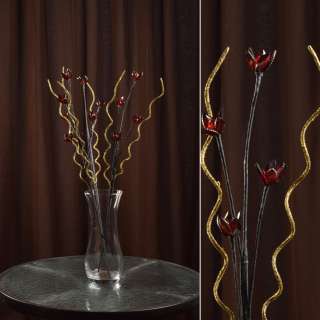Искусственный цветок 60 см из красных бусин на черной веточке с золотистой спиралью оптом