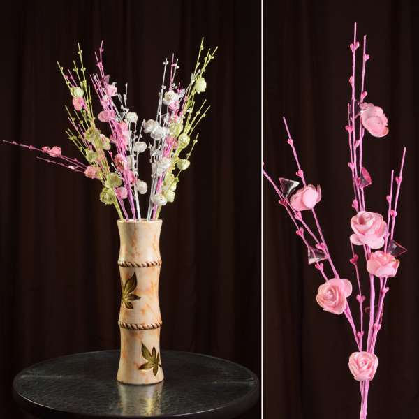 Штучна гілочка 80 см з трояндочками і скляними листами рожева оптом