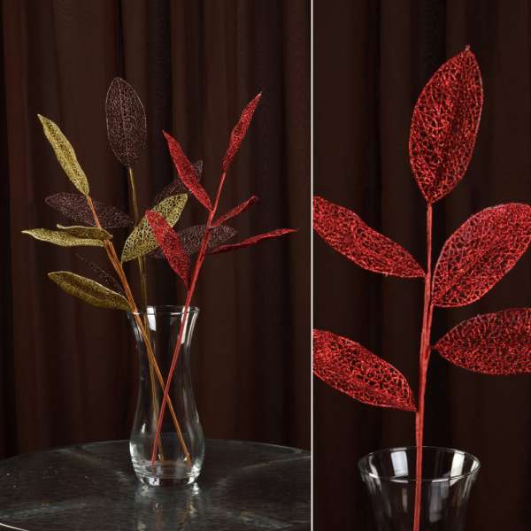 Искусственная веточка 63см с ажурными блестящими листьями красная оптом