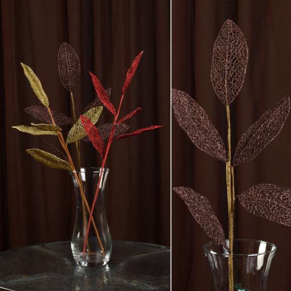 Искусственная веточка 63см с ажурными блестящими листьями коричневая оптом