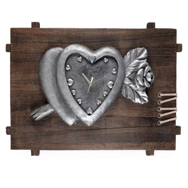 Часы настенные на деревянной основе 35х50х8 см Сердце с розой оптом