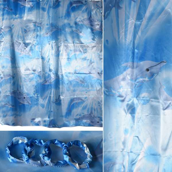 Шторка для ванной атласная с дельфинами 162х173 см молочно-голубая оптом