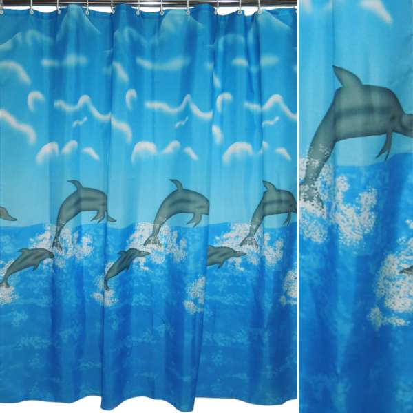 Шторка для ванной с дельфинами и облаками 175х178 см голубая оптом