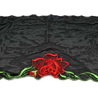Кружево стрейч черное с красными розами, зелеными листьями, ш.19см, 1-стор оптом