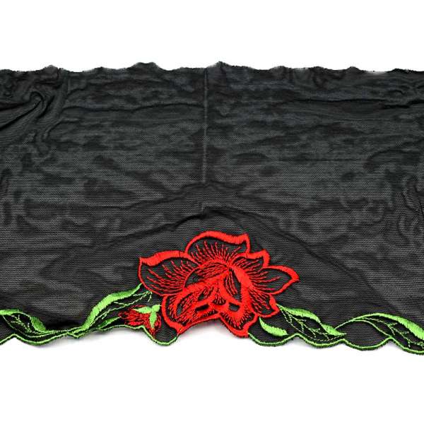 Кружево стрейч черное с красными розами, зелеными листьями, ш.19см, 1-стор оптом