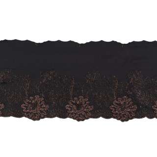 Кружево стрейч черное с коричневыми цветами, ш.13см, 1-стор оптом