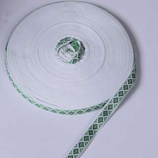 Лента отделочная белая с орнаментом зеленым 15мм 13В19Г27 оптом