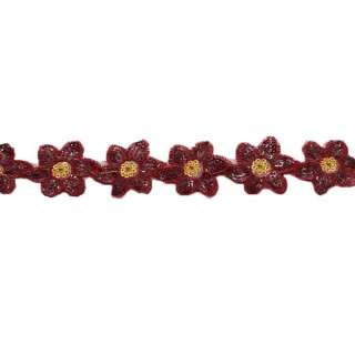 Тасьма пришивна з паєтками на капроні 35 мм квіти червоно-жовта оптом