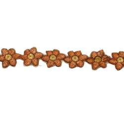 Тесьма пришивная с пайетками на капроне 35 мм цветы оранжево-коричневая