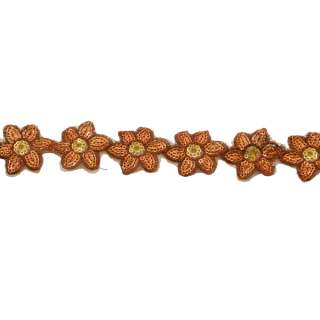 Тасьма пришивна з паєтками на капроні 35 мм квіти помаранчево-коричнева оптом