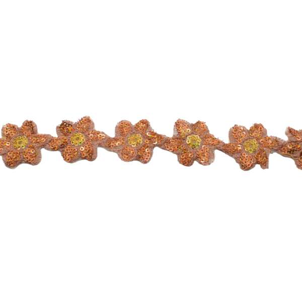 Тесьма пришивная с пайетками на капроне 35 мм цветы оранжево-желтая оптом