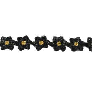 Тасьма пришивна з паєтками на капроні 35 мм квіти чорно-жовта оптом