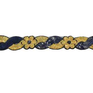 Тесьма пришивная с пайетками на капроне 35 мм волны цветы золотистая/синяя темная оптом